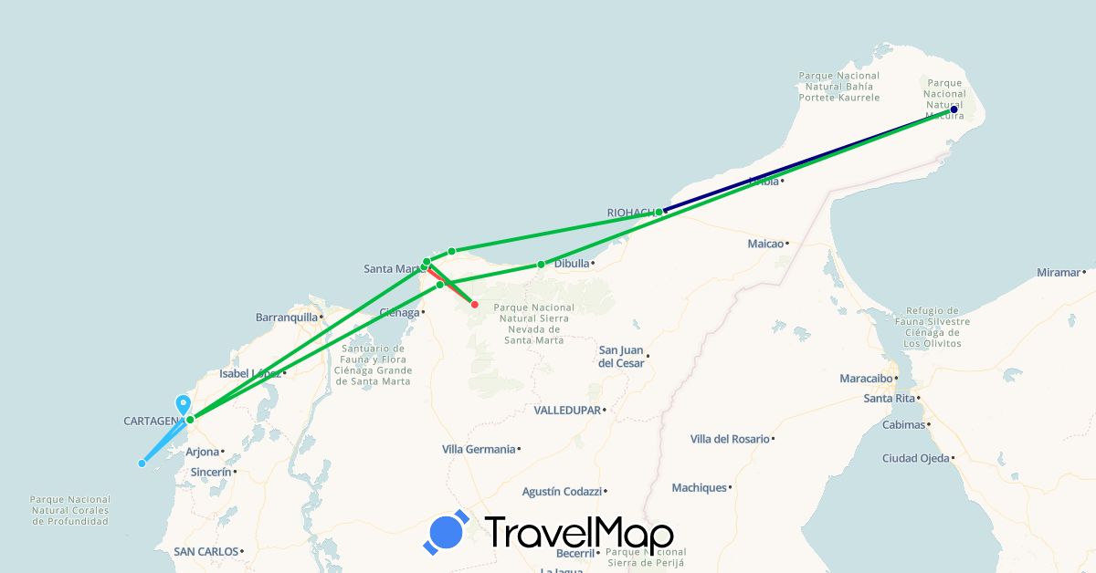 TravelMap itinerary: driving, bus, hiking, boat in Colombia (South America)